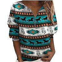 Women's Casual Half Zip Up Shirts Western Aztec Ethnic Style Geometry Print Pullover Tops Loose Lightweight Blouse