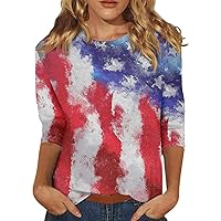 Women's 4Th of July Tops Fashion Casual 3/4 Sleeve America Flag Print Stand Collar Pullover Top, S-3XL