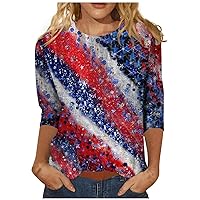 Ladies Patriotic Tops 3/4 Sleeve American Flag Independence Day 4Th of July Tops Crewneck Cute Festival Fashion Tops