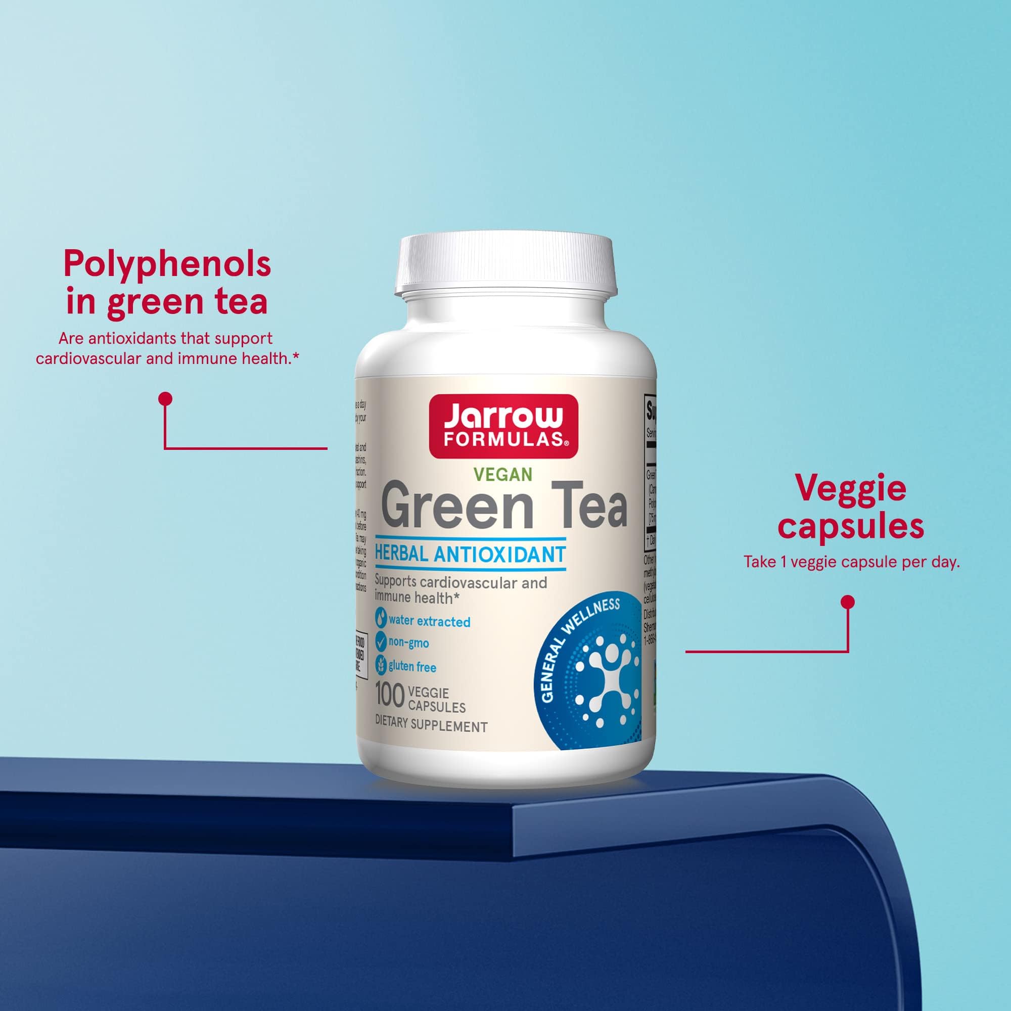 Jarrow Formulas Green Tea 500 mg - 100 Veggie Capsules - Antioxidant Support - 50% Polyphenols - Cardiovascular & Immune Health Dietary Supplement - 100 Servings