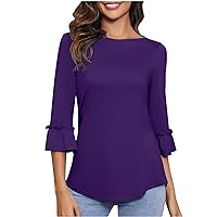 Womens Tops Dressy Casual 3/4 Bell Sleeve Dressy Blouses Loose Fit Work Tunic Shirts Plain Round Neck T Shirts