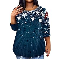 4Th of July Outfits for Girls, Womens Plus Size T Shirts Travel Outfits for Women Women's Casual Independence Day Printing Blouse 3/4 Sleeve Shirt Fashion Round Neck Summer Plus (Dark Green,5X-Large)