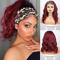 MORICA Red Wig Headband Wigs for Black Women Short Wavy Wig Short Bob Red Wig Wave Wig Glueless Synthetic Shoulder Length Wigs 16 Inch Headwrap Wigs with Headband Attached