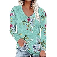 Women's Petal Sleeve Tops Dressy Casual V Neck Long Sleeve Shirts Floral Printed Fall Fashion Pullover T Shirt Blouse