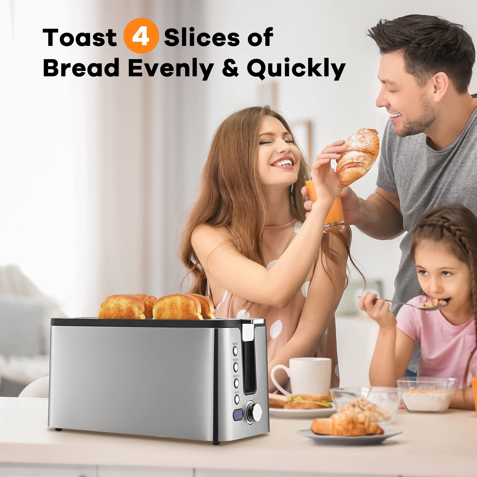 Mecity 4 Slice Toaster, Long Slot Toaster With Countdown Timer, Bagel / Defrost / Reheat / Cancel Functions,Warming Rack, removable Crumb Tray, 6 Browning Settings, Extra Wide Long Slots, Stainless Steel Bread Toaster, 1300 Watts