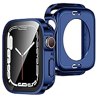 [2-Pack] 2 in 1 Case Compatible with Apple Watch Series 9 8 7 41mm, Straight Edge Hard PC with Tempered Glass Screen Protector Full Coverage Protective Cover for iWatch 41mm (Blue)