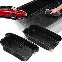 YHTAUTO Rear Trunk Organizer Compatible with Tesla Model Y 2019-2024 (For 5-Seater Only) Accessories, Waterproof Trunk Storage Bins Organizer Upper & Lower Dual Layer Rear Trunk Storage Box - Black