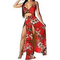 Women Sexy 2 Piece Outfits Dress Chiffon Deep V Neck Bra Crop Top Floral Printed High Split Maxi Dresses Skirt Set