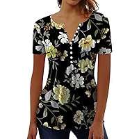 Women's Loose Floral Printed T-Shirt Tops Flowy Hem V Neck Pleats Shirts Short Sleeve Fashion Casual Blouse Tees