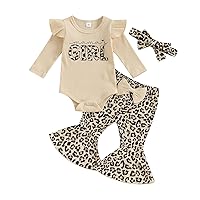 Kuriozud Newborn Baby Girl Bell Bottom Outfit Ruffle Romper Cute Bow Flare Pants Set Headband Cute Clothes