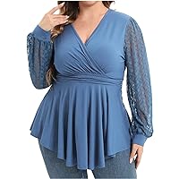 YZHM Women's Plus Size Blouses Dressy Shirts Lace Sleeve Tunic Tops V Neck Peplum Tops Trendy Flowy Tshirts Business Outfits