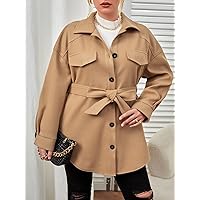 OVEXA Women's Large Size Fashion Casual Winte Plus Drop Shoulder Flap Detail Belted Overcoat Leisure Comfortable Fashion Special Novelty (Color : Camel, Size : X-Large)