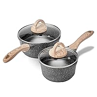 JEETEE Kitchen Nonstick Saucepan Set, 1.5 Quart & 2.5 Quart Induction Granite Coating Cookware Sets with Glass Lid & Pour Spout, PFOA Free (Grey, 4pcs Pots Set)