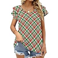 Red Green Plaid Women's Summer Top V Neck Ruffle Short Sleeve T Shirts Casual Tunic Blouses