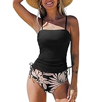 CUPSHE Women's Tankini Sets Two Piece Swimsuit High Waisted Square Neck Ruched Drawstring Adjustable Straps
