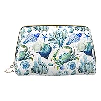 Crab Conch Print Leather Clutch Zipper Cosmetic Bag, Travel Cosmetic Organizer, Leather Storage Cosmetic Bag