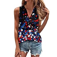 Women's 4Th of July Tops Shirt Blouse Button Vintage Print Sleeveless Casual Basic Top Pullover Shirt, S-3XL