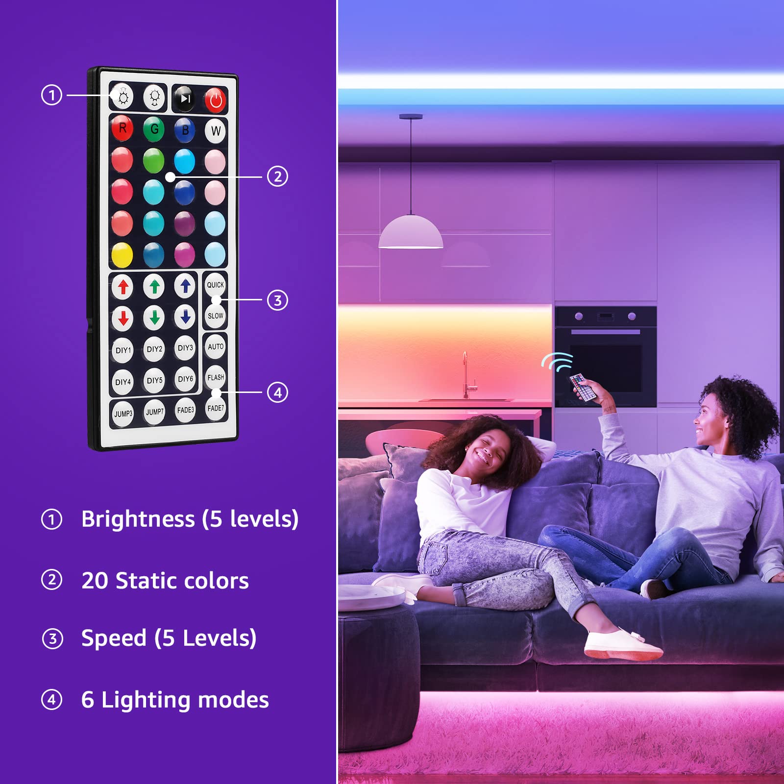 Lepro LED Lights for Bedroom 32.8ft, RGB LED Light Strips, 5050 LED Color Changing Tape Light with 44 Key Remote and 12V Power Supply, LED Lights for Room, TV Backlight, Kitchen, Bar