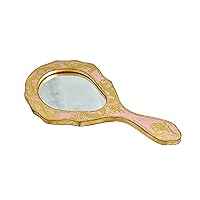 Handmade Italian Vintage Handheld Mirror, Hand Painted, Embossed Gold Paint, Hand Mirror with Handle for Vanity Makeup Victorian Style Decorative Desk, Crafted in Italy (Pink)