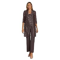 R&M Richards Women's 3 Pc Metallic Tank Top and Pant Set with Sheer Lace Jacket