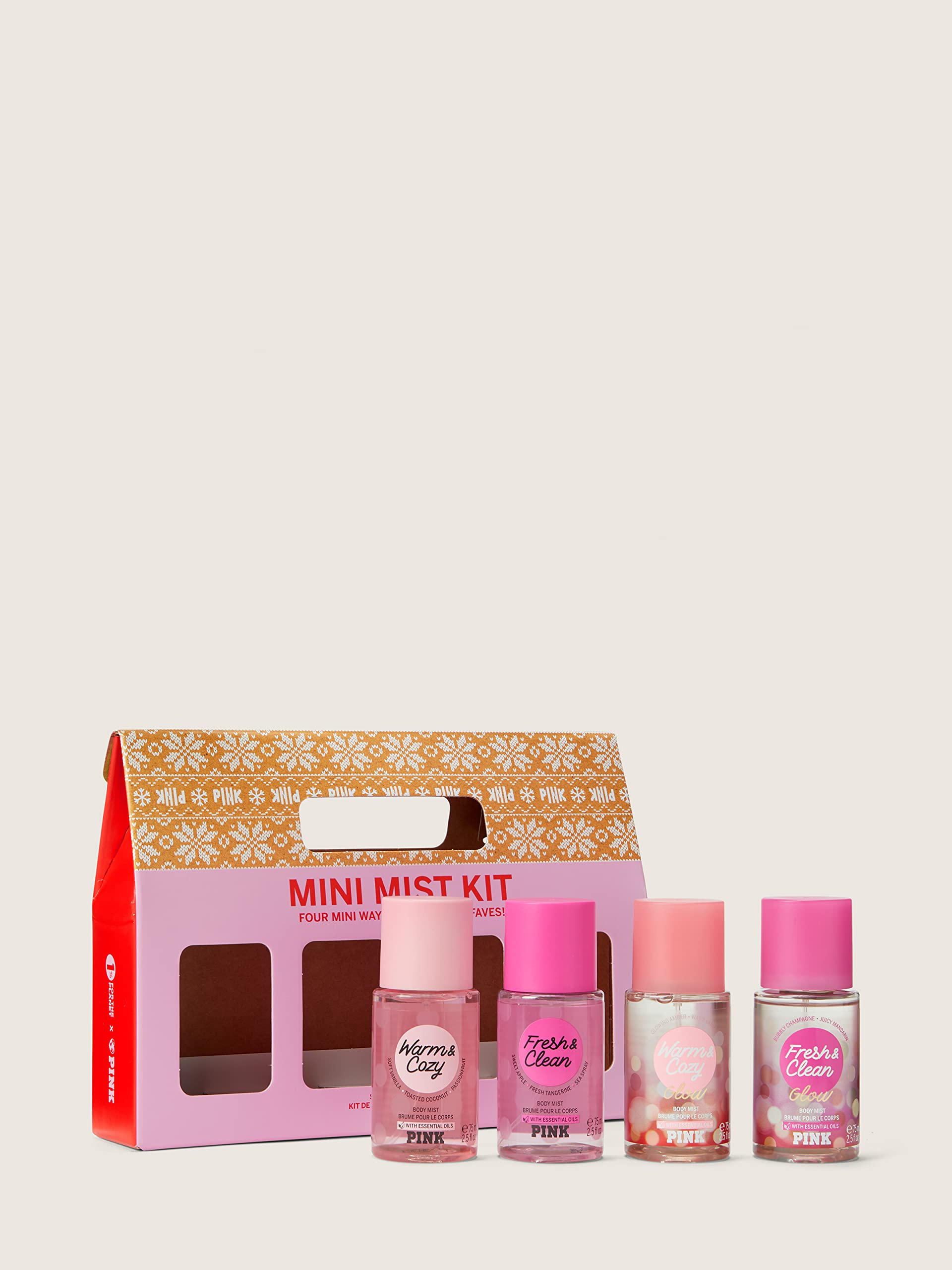 Victoria's Secret PINK 4 Piece Mini Mist Gift Set: Warm & Cozy, Fresh & Clean, Warm & Cozy Glow and Fresh & Clean Glow