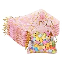 G2PLUS Heart Organza Bags, 4''x6'' Organza Gift Bags, 50PCS Drawstring Sheer Organza Gift Bags, Organza Mesh Jewelry Pouches, Candy Bags for Easter, Mother's Day, Wedding Party Favors (Pink Gold)