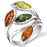 Genuine Baltic Amber Leaf Ring for Women 925 Sterling Silver, Rich Cognac, Olive Green, Honey Yellow Colors, Sizes 5 to 9