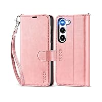 TUCCH Case Wallet for Galaxy S23, [Wrist Strap] Magnetic PU Leather Stand [RFID Blocking] Card Slot with [TPU Shockproof Interior Case] Compatible with Galaxy S23 6.1-Inch, Rose Gold with Wristlet