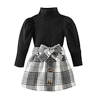 Toddler Kids Baby Girls Ruffled Crewneck Long Sleeve Ribbed Sweatshirt Tops Solid Skirt Set 2PCS Fall Clothes Set