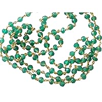 Women's 3 mm Green Onyx Faceted Rondelle Bead in 925 Silver Gold Polish Wire Wrapped Rosary Chain for Jewelry making Green Onyx Beaded Chain for Jewelry making (1Foot - 5Feet Option)