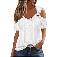 Short Sleeve Cold Shoulder Tops for Women Dressy Cut Out Eyelet Crochet Shirts Trendy Elegant Sexy Casual Blouse White