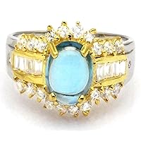 18k Gold and Sterling Silver Genuine Swiss Blue Topaz and Cubic Zirconia Ring, Size 7