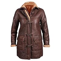 Womens Mid Length Brown Duffle Coat Hoodie Sheepskin Long Leather B3 Jacket