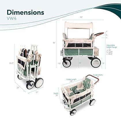 WONDERFOLD Volkswagen Quad Stroller Wagon (4 Seater) Featuring Classic VW Bumper, Functioning Headlights, and Retro All-Terrain XL Wheels with Suspension and Bearings, Sage Green