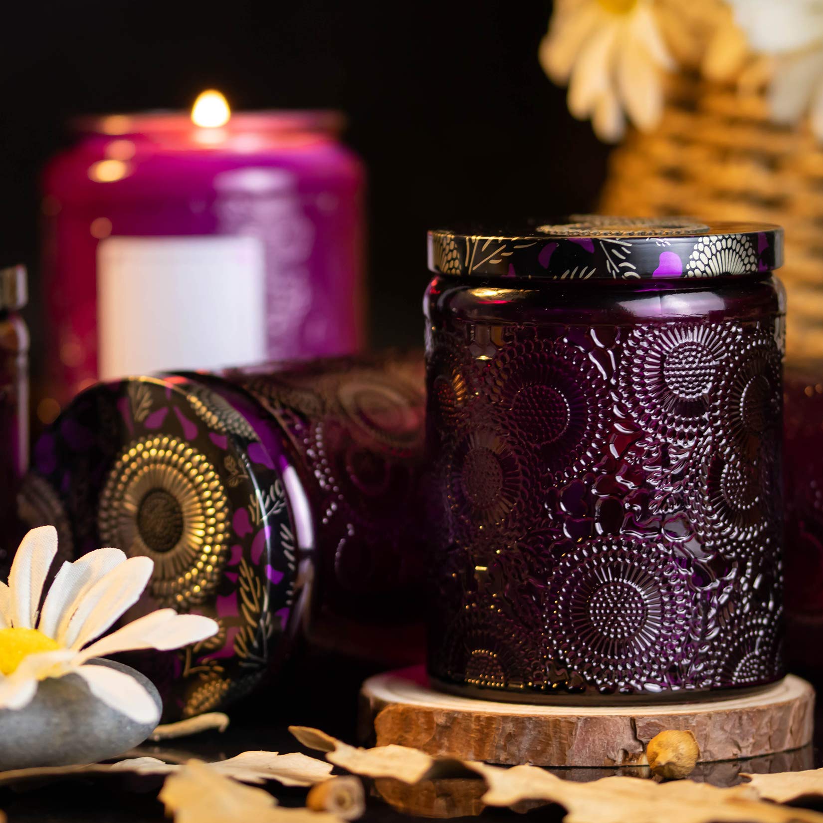 Art Secret 8oz Embossed Glass Candle Container with Tin Lid and Labels (Purple)