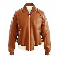 Boys Full-Sleeve Genuine Leather Biker Jacket in Brown Color with Zipper Style.