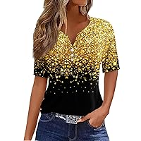 Summer Tops for Women, V Neck Button Up Short Sleeve Summer Casual Tops Fashion Print Loose Fit Tunic Tops
