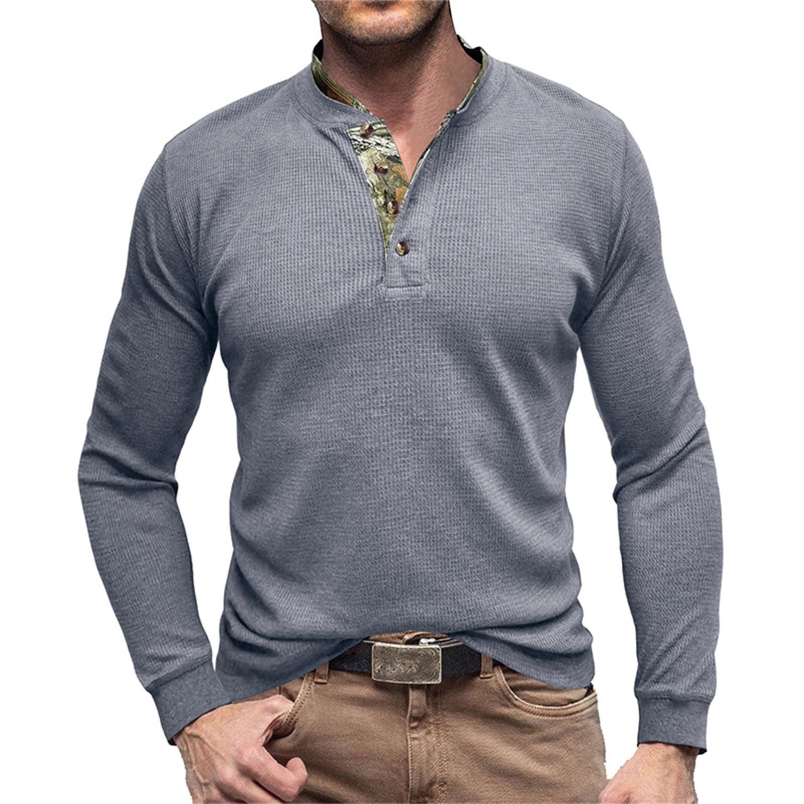 Waffle V-Neck Button Long Sleeve T-Shirt Men's Autumn Solid Color