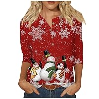 Womens 3/4 Sleeve Tunic Tops Christmas Tree Printed Shirts Blouses Dressy Casual Crewneck Blouses Holiday Tops 2023