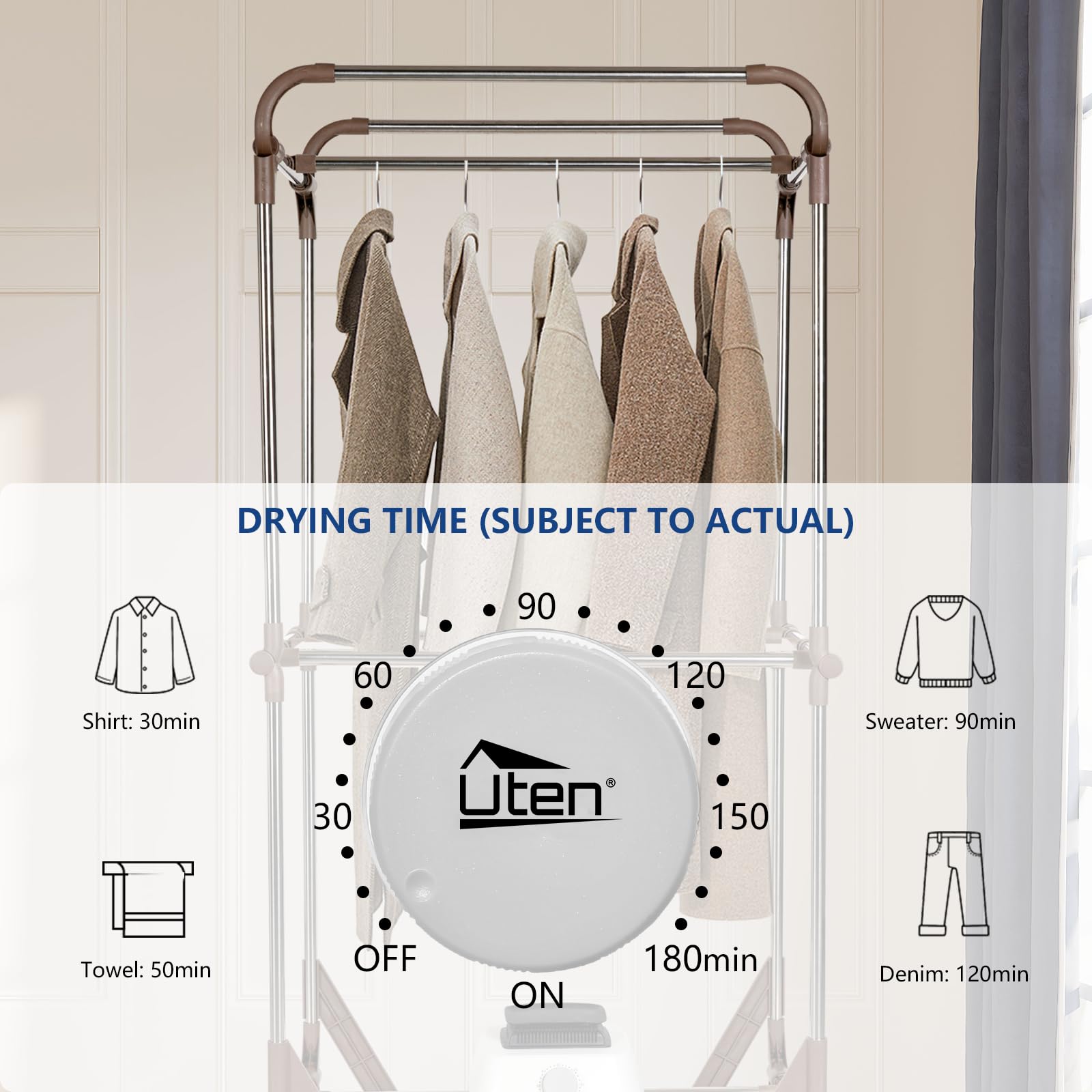 Uten Portable Clothes Dryer, 1500W Power Electric Clothes Dryer Machine with Timer, 2-Tier Portable Laundry Drying Wardrobe, Foldable Clothes Drying Rack and Dryer for Travel, Apartments, RV, Home