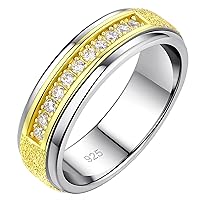 Mens wedding Band 925 Sterling Silver Rings For Men 14K Gold Plated 1ct 11 Round 5A Cubic Zirconia Promise Rings For Him SandBlasted Finish Size 7-14