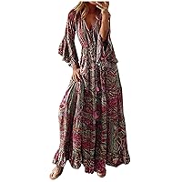 2024 Summer Casual Women Plus Size Retro Boho Maxi Dress 3/4 Bell Sleeve Lace-Up High Waist Flowy Ruffle Hem Dress