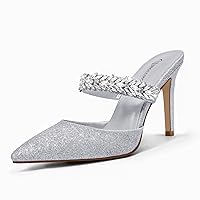 MUCCCUTE Women's Mule Heels with Rhinestone Sparkly Strap Backless Pointed Toe Kitten High Shoes Slip-On Bridal Party Sandals
