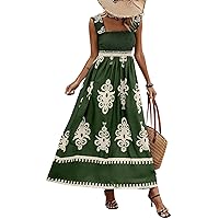 chouyatou Women's Retro Smocked Bohemian Maxi Dress Floral Print Spaghetti Strap Swing Beach Party Dress