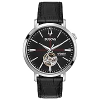 Bulova Men's Classic Aerojet 3-Hand Automatic Leather Strap Watch, Open Aperture, 40-Hour Power Reserve, Double Curved Mineral Crystal, 41mm