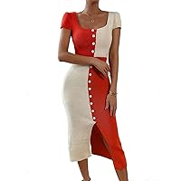 Women's Two-Tone Front Button High-Slit Bodycon Sweater Dress