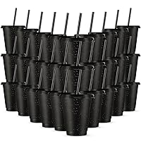30 Pieces Reusable Cups with Lids and Straws 16 oz Glitter Iced Coffee Tumbler Plastic Travel Mug Cup for Smoothie Juices Parties Birthdays, Flamingo Party Bachelor Party (Black)