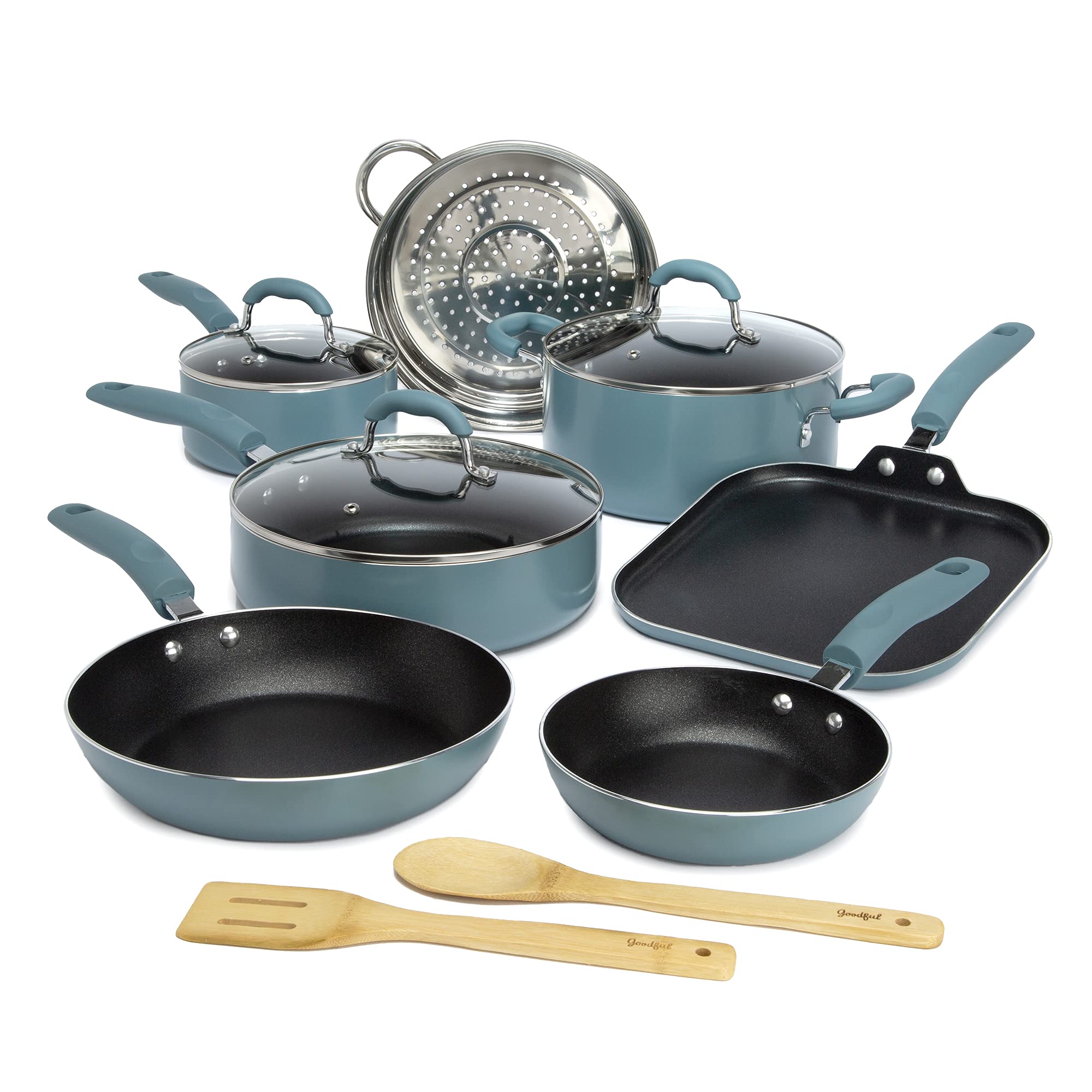 Goodful Cookware Set with Premium Non-Stick Coating, Dishwasher Safe Pots and Pans, Tempered Glass Steam Vented Lids, Stainless Steel Steamer, and Bamboo Cooking Utensils Set, 12-Piece, Turquoise