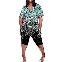 Jumpsuits For Women Dressy Women's Casual Plus Size Print Short Sleeve V-Neck Five-Point Jumpsuit With Pockets