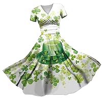 Women's Spring Dresses 2024 Princess Dress Sexy V-Neck St. Patrick's Day Printed Waist Pulled Short Dress, S-3XL